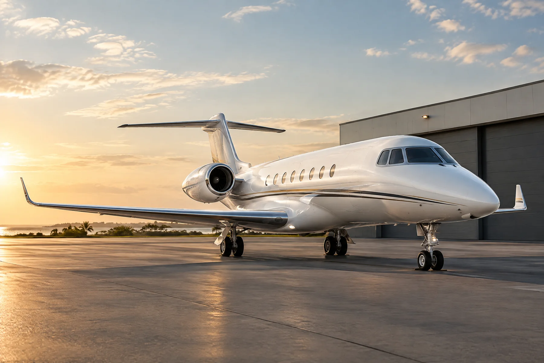 AI-generated illustration of a white private business jet parked outside a hangar; not a Mighty Munch project
